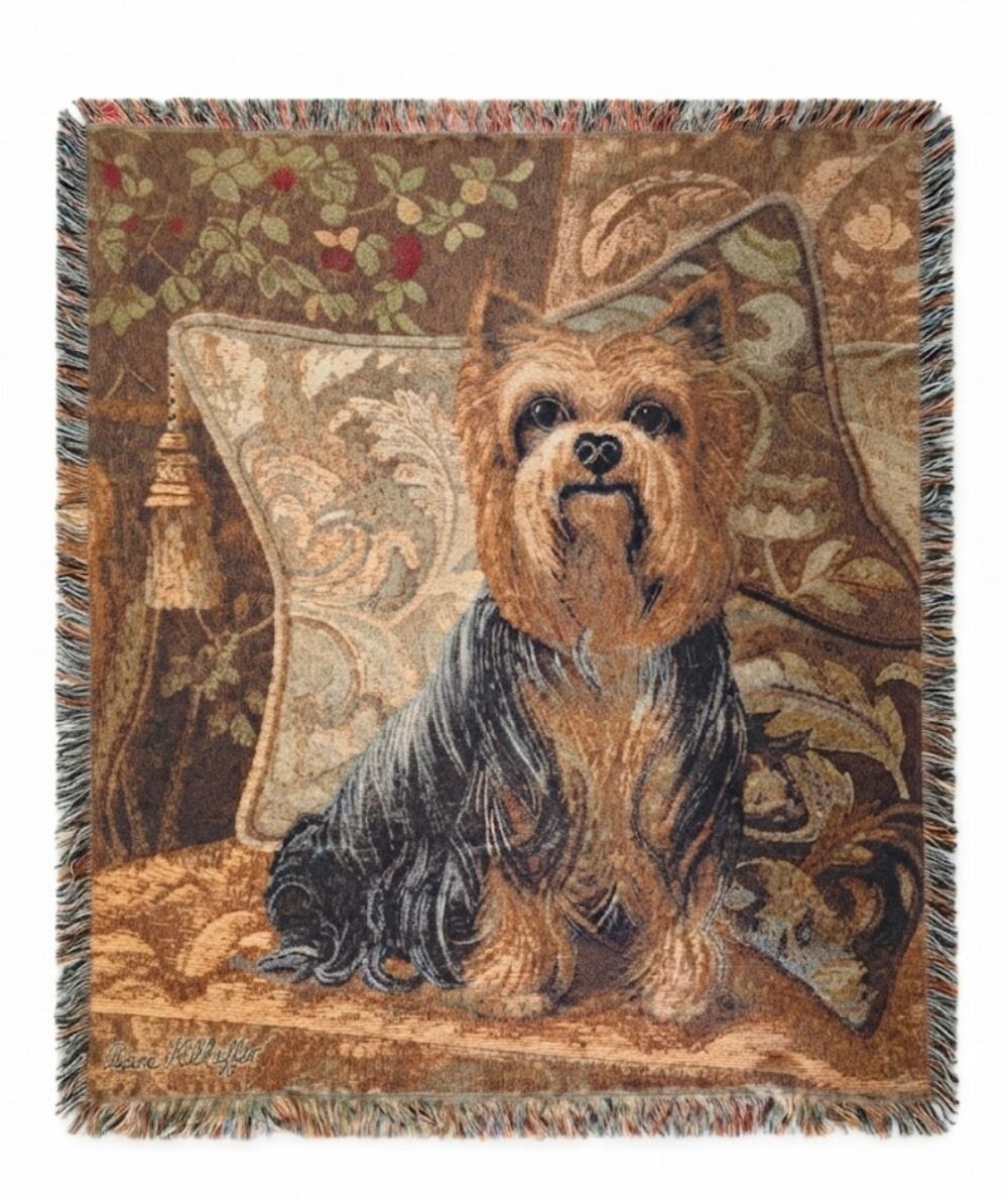 Vintage Elaine Vollherst Pampered Puppy Yorkiet Tapestry Throw Blanket